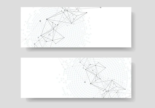 Bağlantılı çizgilerin ve noktaların geometrik arka plan. Teknoloji vektör banner kapak tasarımı — Stok Vektör