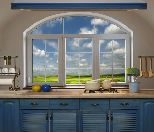 Interior blue kitchen.