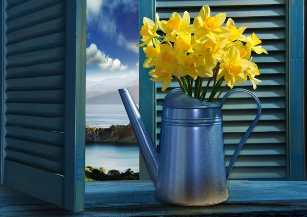 Watering can with daffodils — Stock Photo, Image
