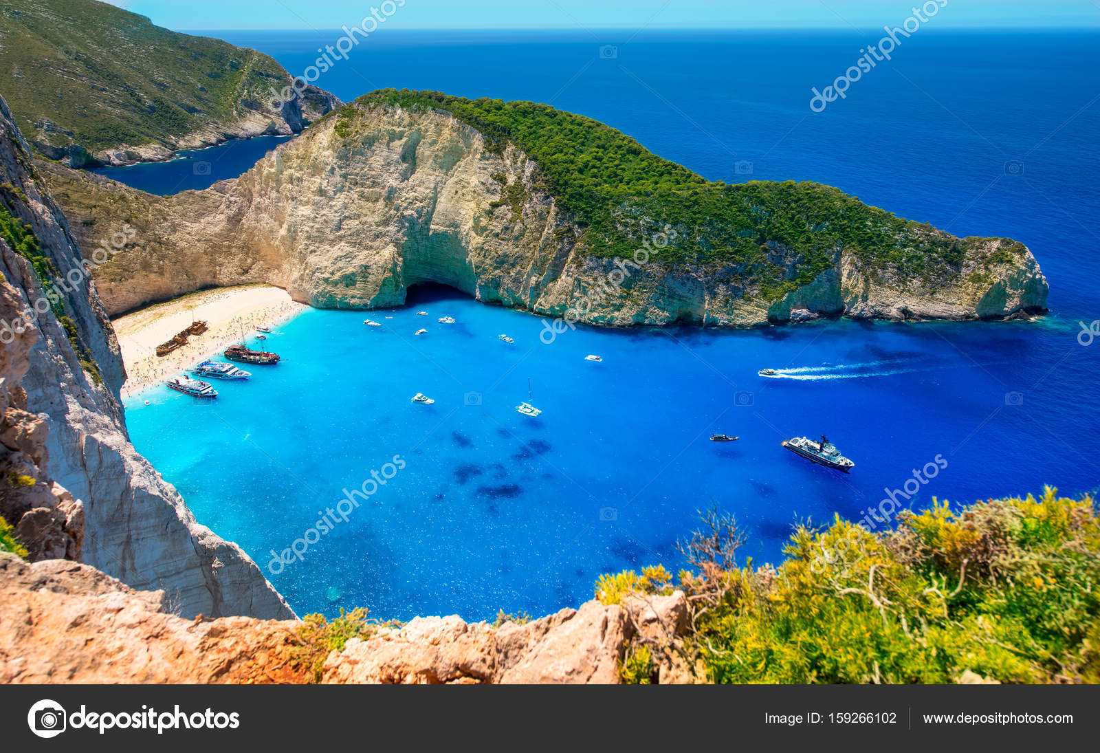 Visiting card of the island of Zakynthos. Bay Navagio. Stock Photo by