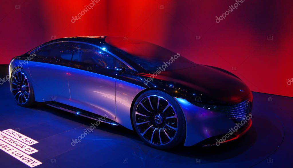 FRANKFURT, GERMANY - SEP 19, 2019: Mercedes Benz Vision EQS luxury electric concept car reveiled at the Frankfurt IAA Motor Show 2019.