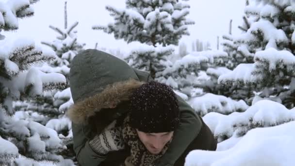 Parque de Inverno. Um jovem casal apaixonado brincando entre as árvores congeladas — Vídeo de Stock