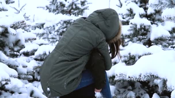 Winter Park. Una pareja joven, el tipo da la vuelta a la chica sentada sobre su espalda entre los árboles congelados — Vídeo de stock