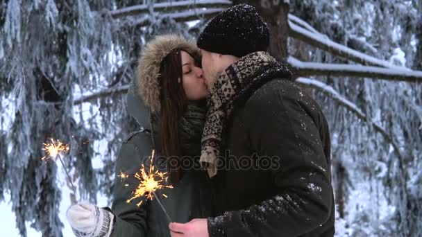 Winter Park. Joven pareja cariñosa besándose, sosteniendo chispas, y posando para la cámara — Vídeo de stock