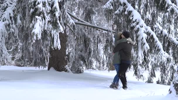 Joven pareja amorosa follando al aire libre, caminando en el parque de invierno — Vídeo de stock