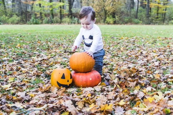 Dziecko bawi się dynie na halloween — Zdjęcie stockowe