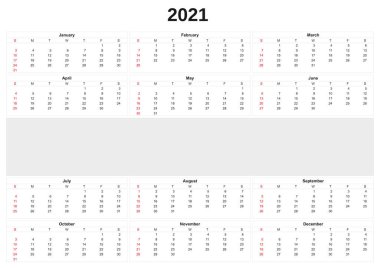Beyaz arkaplan ile 2021 yıllık takvim.