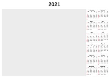Beyaz arkaplan ile 2021 yıllık takvim.