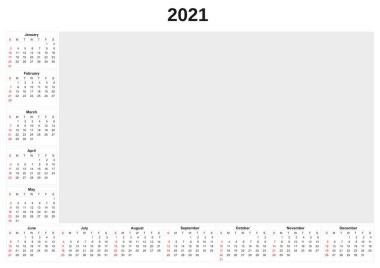 Beyaz arkaplan ile 2021 yıllık takvim.