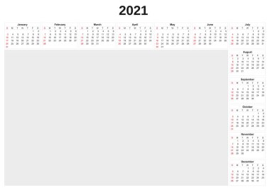 Beyaz arkaplan ile 2021 yıllık takvim.