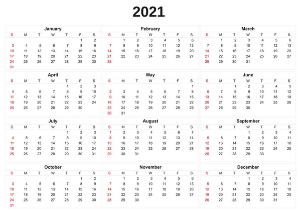 Årlig Kalender 2021 Med Vit Bakgrund — Stockfoto