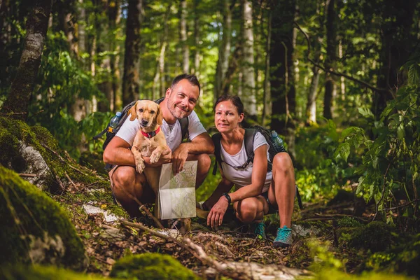 Casal com pequeno cão amarelo — Fotografia de Stock