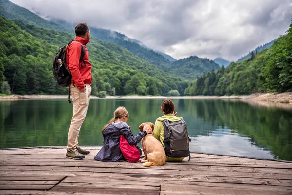 Família com pequeno cão amarelo — Fotografia de Stock