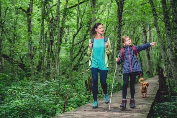 Mutter und Tochter mit Hund wandern — Stockfoto