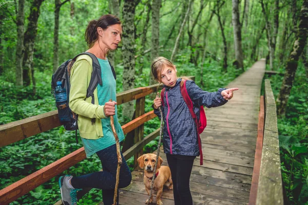Anne ve kızı ile köpek hiking — Stok fotoğraf