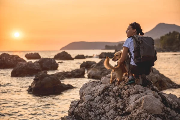 Жінка з собакою під час заходу сонця — стокове фото