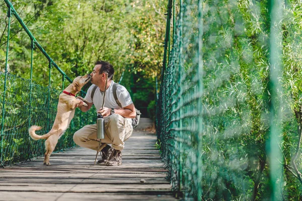 Hiker med små gula hund — Stockfoto