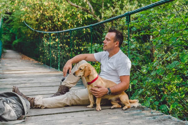 Hiker with small yellow dog — Stock Photo, Image