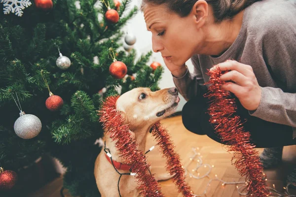 크리스마스 트리를 장식하는 여자 — 스톡 사진