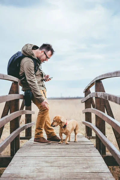 Bir köpek sevişme uzun yürüyüşe çıkan kimse