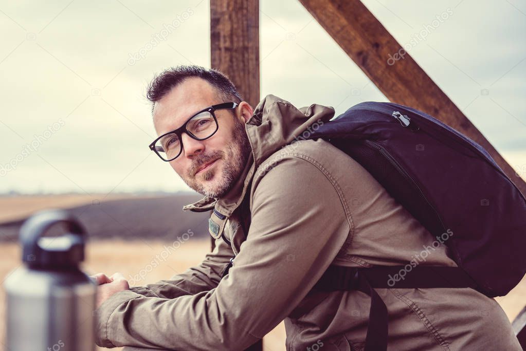 Hiker wearing backpack