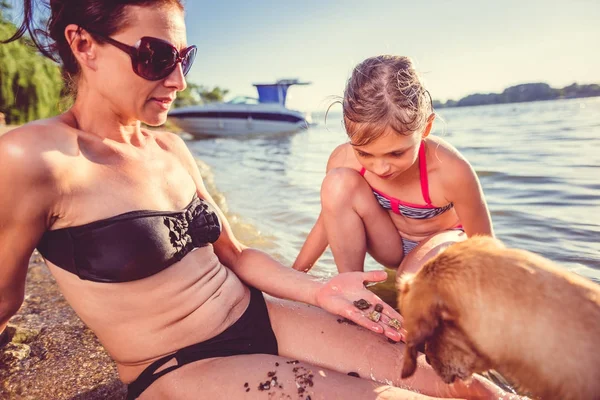 Mor med datter og hund på stranden - Stock-foto