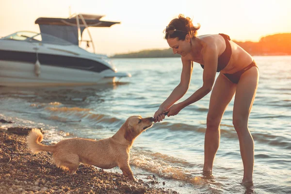 Mujer con perro en la playa — Foto de Stock