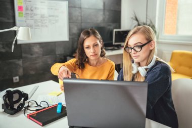 Ofiste bilgisayar kullanarak ve tartışmaya iki iş kadınları