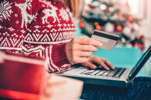Woman Wearing Red Sweater Using Laptop Home Christmas — Stock Photo, Image