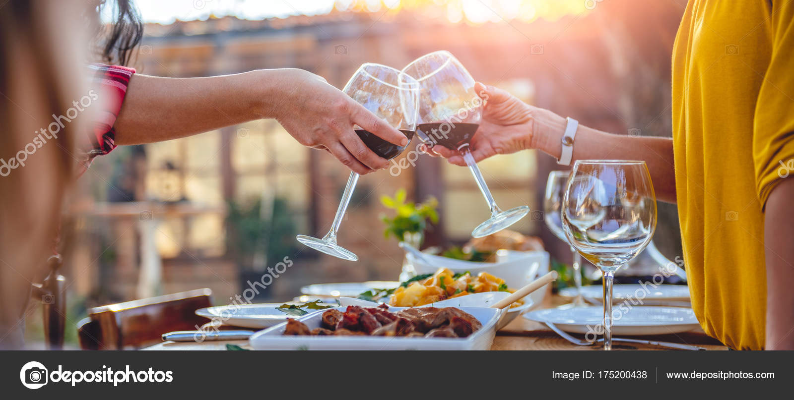 Women Friends Toasting Red Wine Glasses Backyard Patio Stock Photo By Kerkezz 175200438 Women Friends Toasting Red Wine Glasses, Patio Wine Glasses