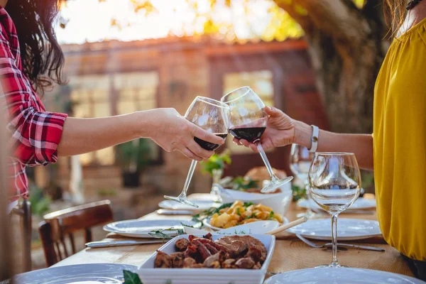Arka bahçe veranda, kırmızı şarap bardakları toasting kadın arkadaşlar