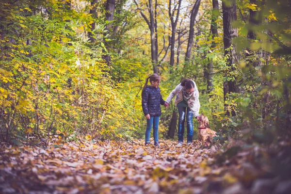 Mother and daughter hiking in a forest with dog