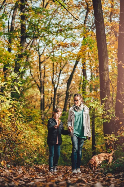 Mother and daughter hiking in a forest with dog