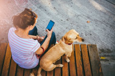Parkta köpeğiyle oturan ve telefon kullanan bir kadın.