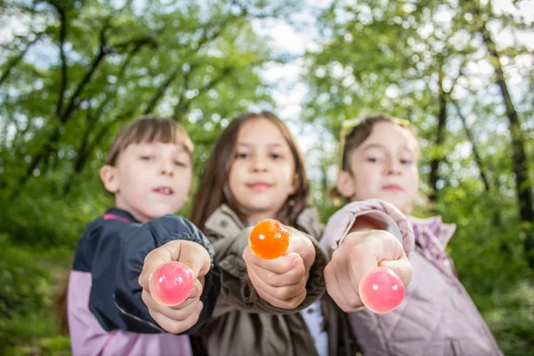 Foto Três Meninas Segurando Pirulito Parque Verde — Fotografia de Stock