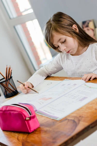 Primer Plano Chica Haciendo Tarea Casa — Foto de Stock