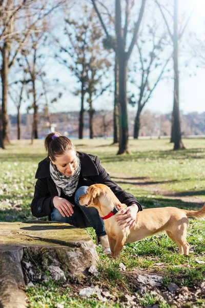 Ung Kvinde Med Hund Nyder Udendørs - Stock-foto