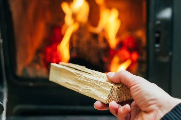 Mujer Poniendo Troncos Madera Chimenea — Foto de Stock