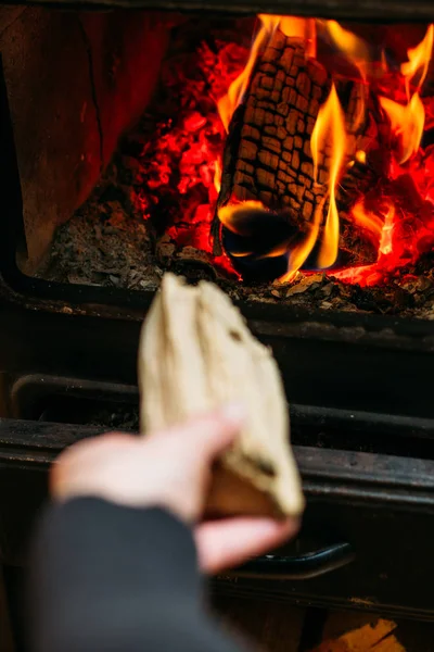 Kvinna Att Sätta Trä Stockar Öppen Spis — Stockfoto