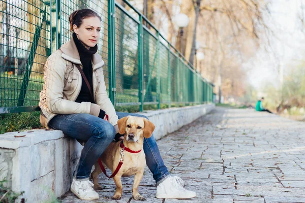 앉아서 그녀의 강아지와 울타리에 — 스톡 사진