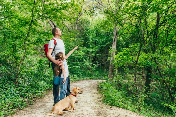 Baba Kız Köpekle Ormanda Yürüyüş — Stok fotoğraf