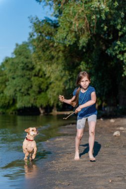 Kız köpekle plaj boyunca çalışan mavi gömlekli