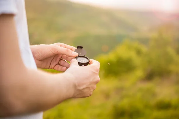 Man White Shirt Holding Compass — Stock Photo, Image