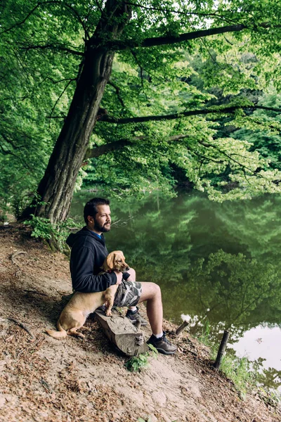 Mann Mit Bart Sitzt Mit Hund Auf Baumstamm Bank See — Stockfoto