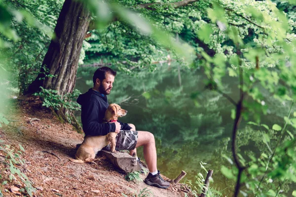 Man Beard Sitting Tree Log Bench Dog Lake — Stock Photo, Image