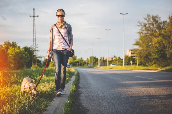 Kvinde Hendes Hund Går Ved Vejen - Stock-foto