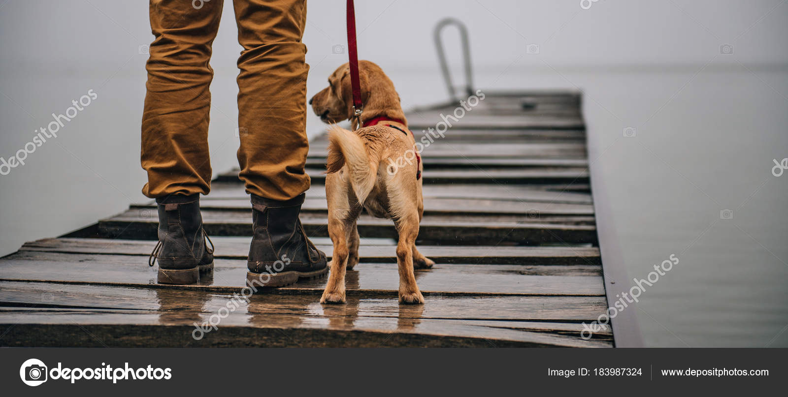 Mann Stiefeln Und Sein Hund Stehen Bei Regen Auf Holzdeck