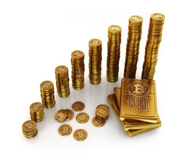 Altın Bar ve bitcoin para birimi stili altın paralar