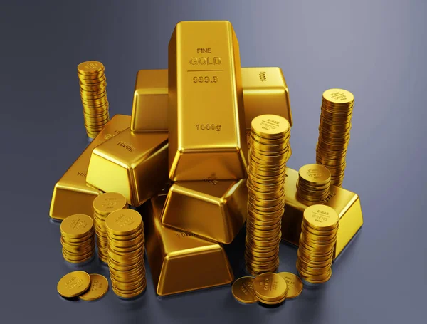 Ράβδοι Χρυσού Και Χρυσών Νομισμάτων — Φωτογραφία Αρχείου