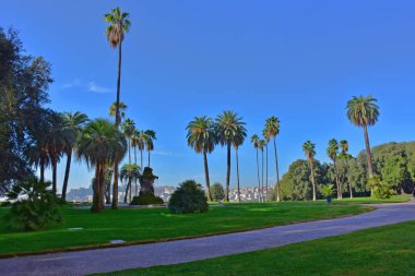 İtalya, Napoli. 13 Ekim 2017 Capodimonte, Kraliyet Sarayı 1738 Borbone Kral Charles buyruğuyla başlayarak inşa, Kraliyet Sarayı, bağlı bir park ile. Belvedere çeşme ve palmiye ağaçları ile